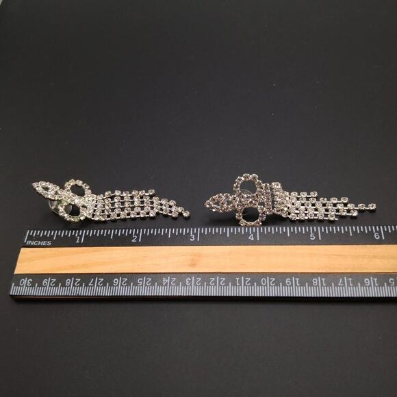 Vintage Rhinestones Dangle Post Earrings, Formal Earrings, Five Tassels, 3 Inch - Picture 6 of 7